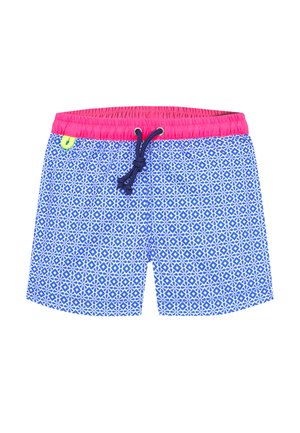 Shorts de bain bleus avec un motif en losange, taille élastique rose et cordon de serrage bleu marine. Présente un petit détail de logo vert.