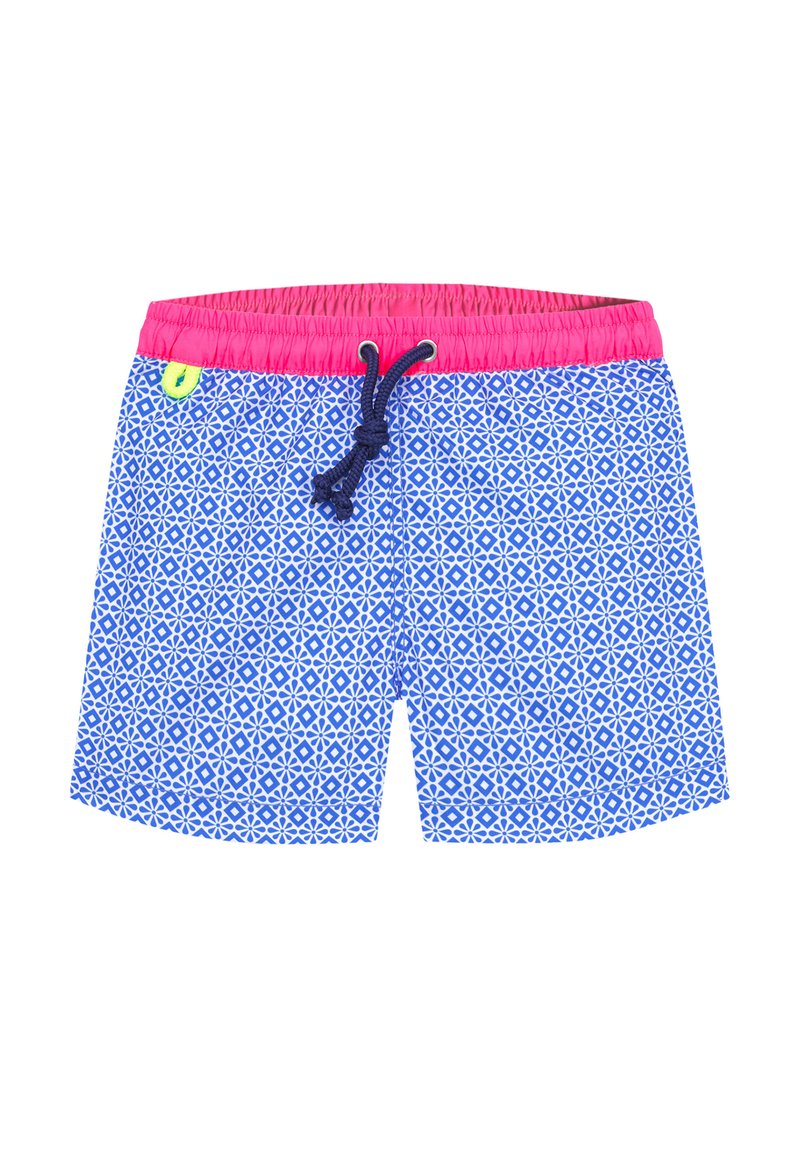 Shorts de bain bleus avec un motif en losange, taille élastique rose et cordon de serrage bleu marine. Présente un petit détail de logo vert.
