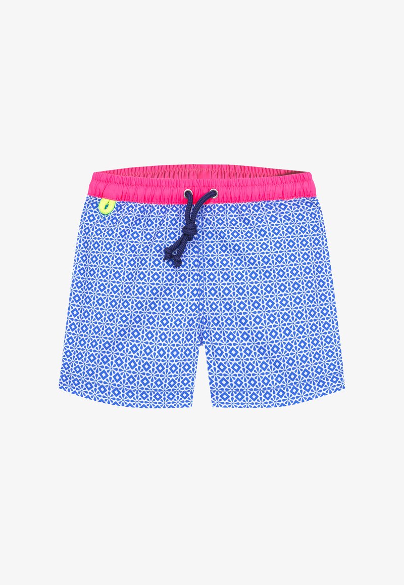 Shorts de bain bleus avec un motif en losange, taille élastique rose et cordon de serrage bleu marine. Présente un petit détail de logo vert.