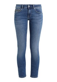 Jeans de mezclilla ajustados para mujer en azul, con cierre de botón y cremallera, bolsillos delanteros y traseros, y un ligero desgastado en los muslos.