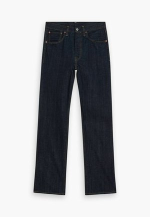 Mörkblå denimjeans med rak benform, med orange sömmar, femfickorsdesign och silverdetaljer vid midjan.