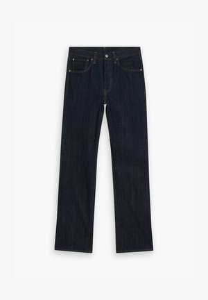 Jeans in denim blu scuro con taglio dritto, caratterizzati da cuciture arancioni, design a cinque tasche e hardware argentato in vita.
