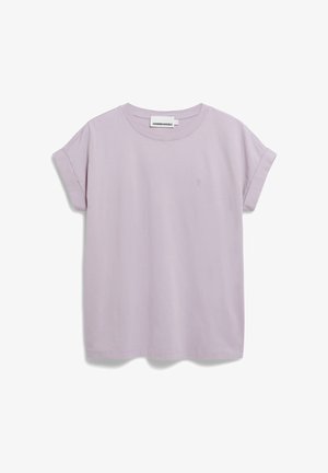 Licht paarse T-shirt met korte mouwen, gemaakt van zachte stof, met een ronde halslijn en een klein geborduurd logo op de linkerborst.