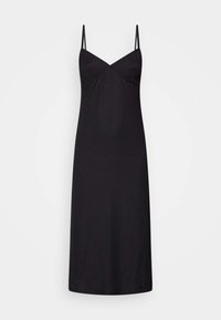 Abito nero senza maniche con spalline sottili, caratterizzato da una scollatura a V e un corpetto aderente che si apre in una gonna ampia fino al ginocchio.