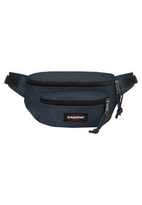 Eastpak vyöklipsi tummansinisessä kankaassa, jossa on kaksi vetoketjullista säilytystilaa ja merkkilappu. Säädettävä hihna tukevan istuvuuden saavuttamiseksi.