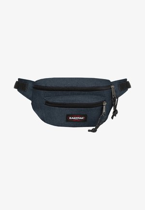 Sac banane Eastpak en tissu bleu foncé, doté de deux compartiments zippés et d'un patch de marque. Sangle ajustable pour un maintien sécurisé.