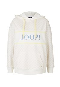 Hooded sweatshirt made of soft fabric, featuring a cream color with a subtle pattern, yellow and blue horizontal stripes, and a front pocket.