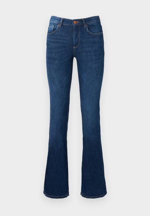 Laiendatud sinised teksapüksid keskmise kõrgusega vöökohaga, millel on ees ja taga taskud, oranž õmblus ja nupulukustus.