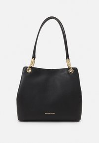 Black leather tote bag with textured finish, two top handles, gold hardware accents, and a visible brand logo at the bottom.