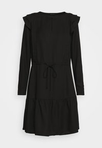 Schwarzes langärmeliges Kleid mit gerafften Schultern, einem gebundenen Taillenzug und einem gestuften Rock. Hergestellt aus einem weichen Stoff mit glatter Textur.