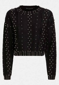 Czarny krótki sweter z teksturowanej tkaniny, ozdobiony srebrnymi koralikami rozmieszczonymi losowo na tułowie i rękawach.