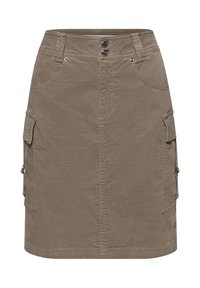 Taupekleurige rok tot op de knie met knopen aan de voorkant, riemlussen, twee steekzakken aan de voorkant en opbergzakken aan de zijkant in cargostijl met kleppen en ritsen.