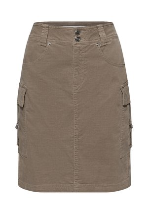 Gonna color taupe fino al ginocchio con bottoni sul davanti, passanti per cintura, due tasche frontali e tasche laterali in stile cargo con patte e cerniere.