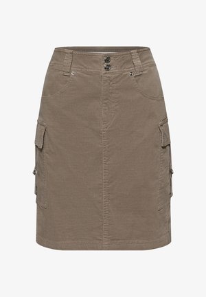 Taupekleurige rok tot op de knie met knopen aan de voorkant, riemlussen, twee steekzakken aan de voorkant en opbergzakken aan de zijkant in cargostijl met kleppen en ritsen.