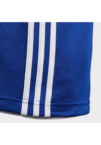 Jersey deportivo azul hecho de una tela transpirable, con tres franjas blancas verticales y una superficie texturizada. Termina con un dobladillo cosido.