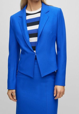 Kvinde iført en klar blå blazer og matchende nederdel over en sort, hvid og blåstribet top mod en ensartet lys baggrund.