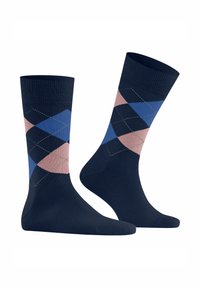 Granatowe skarpetki z wzorem argyle w kolorze różowym, ciemnoniebieskim i jasnoniebieskim, z kontrastującymi szwami dla lepszej tekstury. Materiał z mieszanki bawełny.