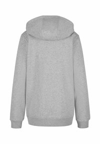 Felpa grigia con una texture morbida, cappuccio regolabile con cordoncino e polsini a costine. Presenta una schiena semplice senza ulteriori dettagli.