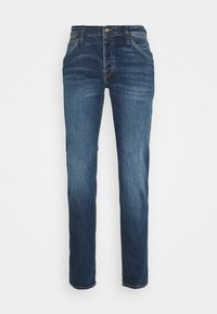 Raka blå denimjeans med blekning på låren, framfickor, bältesloopar och metallknappstängning.