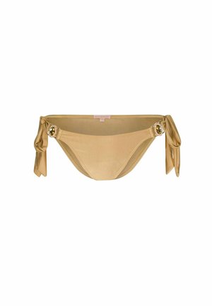 Bikini inferior de color dorado con lados atados, que presenta detalles de hardware y una textura de tela suave. Diseño simple, estilo de tiro medio.