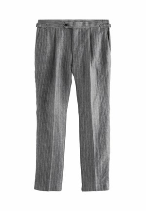 Gray pinstriped trousers with a straight leg design, featuring a button closure, two side pockets, and a smooth texture.