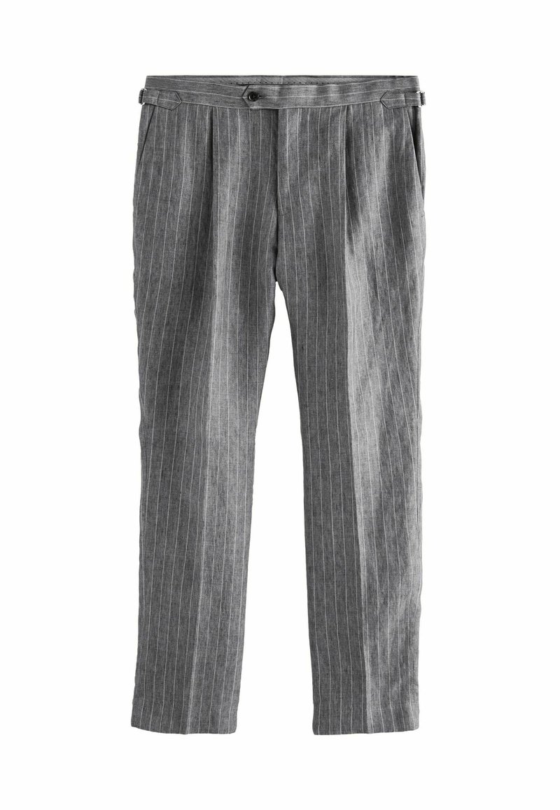 Pantalons gris à rayures légères avec une coupe droite, dotés d'une fermeture à bouton, de deux poches latérales et d'une texture lisse.