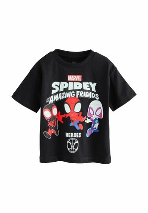 Juodas medvilninis marškinėlis su grafiniu trijų animacinių vorų personažų atvaizdu, po kuriuo tekstas "SPIDEY ir jo NUOSTABŪS DRAUGAI HEROJAI".