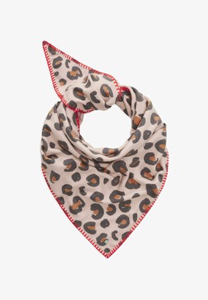 Light pink scarf with black and brown leopard print and red stitch edging, folded in a triangular shape.