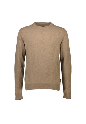 Beiger Pullover mit Rundhalsausschnitt aus weichem Material, langen Ärmeln und gerippten Bündchen. Kleines Logodetail auf der Brust. Sauberes Design.