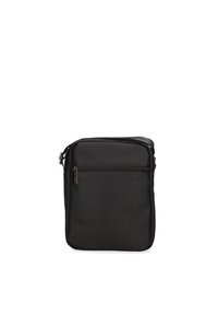 Borsa a tracolla nera con un esterno liscio e durevole, dotata di una tasca frontale con zip e tracolla regolabile. Design compatto e rettangolare.