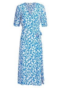 Niebieska i biała sukienka wrap z krótkimi rękawami, z abstrakcyjnym wzorem nieregularnych kształtów oraz związanym detalem w talii. Lekki materiał.