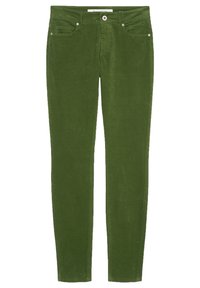 Pantaloni in velluto a coste verde oliva slim-fit con tasche anteriori e posteriori, passanti per cintura e chiusura a bottone.