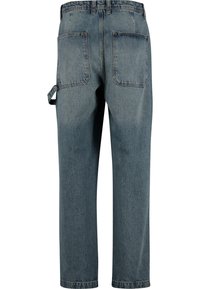 Light blue denim pants with a relaxed fit, five pockets, and a side loop for added functionality. Faded finish and straight leg design.