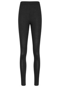 Leggings neri a costine con una fascia in vita elasticizzata, caratterizzati da una silhouette aderente e una sottile texture su tutto il tessuto.