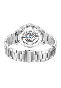 Srebrny zegarek ze stali nierdzewnej z okrągłą kopertą, przezroczystym dnem i bransoletą ogniwową. Posiada niebieskie akcenty na mechanizmie. Wodoodporny.
