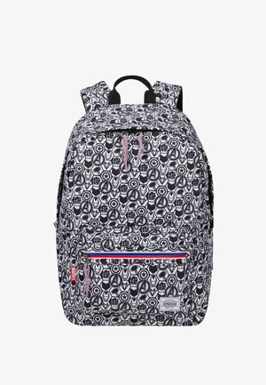 Rucksack mit schwarzem und weißem Muster der Marvel Avengers-Embleme, Vorderfach mit Reißverschluss und roten, weißen und blauen Reißverschlussdetails sowie gepolsterten Trägern.