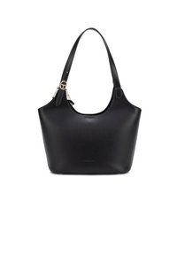 Borsa tote in pelle nera con una texture liscia, dotata di doppi manici superiori e un dettaglio di logo discreto. Forma arrotondata e design a cima aperta.