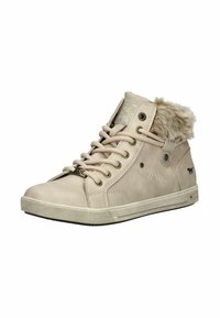Beige vysoké tenisky vyrobené z hladké kůže, s límcem z umělého kožešiny, šněrováním v přední části a texturovanou gumovou podrážkou se zlatým akcentem.
