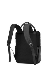 Black backpack made of textured fabric, featuring zigzag stitching, padded shoulder straps, and a side pocket. Compact, square shape.