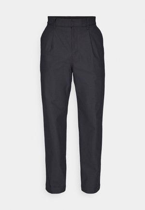 Black trousers, tailored design with pleats at the front, flat waistband, and straight legs. Made of a structured fabric with no visible patterns.