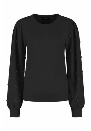 Zwarte gebreide trui met lange pofmouwen versierd met kleine kralenachtige embellishments; geribbelde halslijn en zoom.