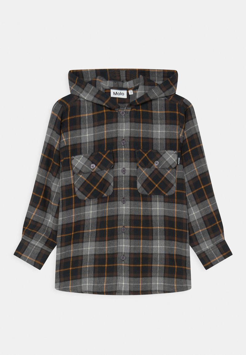 Flanellskjorta med huva i grå, svart och orange rutmönster. Har två framfickor och knäppning med knappar. Mjuk, texturerad tyg.
