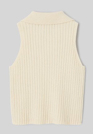 Veste sans manches en tricot couleur crème avec des côtes verticales et un large col roulé plié, vue de dos.