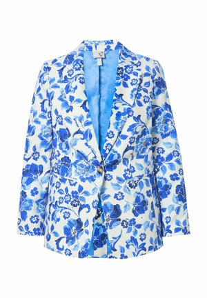 Bloemenblazer met blauw-witte patronen, een notch-lapel, enkele knoopsluiting en een zijdezachte blauwe voering.