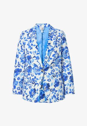 Blomstret blazer med blå og hvide mønstre, slagkrave, enkelt knaplukning og en silkeagtig blå foring.