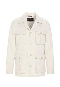 Giacca color crema con quattro tasche con patta e bottoni, chiusura frontale con bottoni, colletto e maniche lunghe.