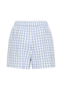 Blå og hvide ginghamternede bomuldsshorts med elastisk talje, flad front og lige benåbninger.