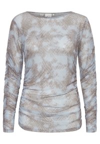 Tröja med långa ärmar i lätt, slät tyg. Den har ett ljusblått och beige ormmönster med rynkad detalj på sidan och båtformad halsringning.