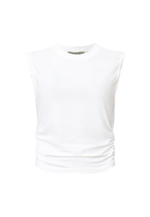 Hvid ærmeløs top lavet af glat stof, med rund halsudskæring og sammenkrøllede detaljer på siderne for en skræddersyet pasform.