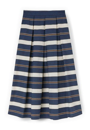 Navyblå og hvid plisseret nederdel med vandrette brune og hvide striber, knælængde, udvidet silhuet.